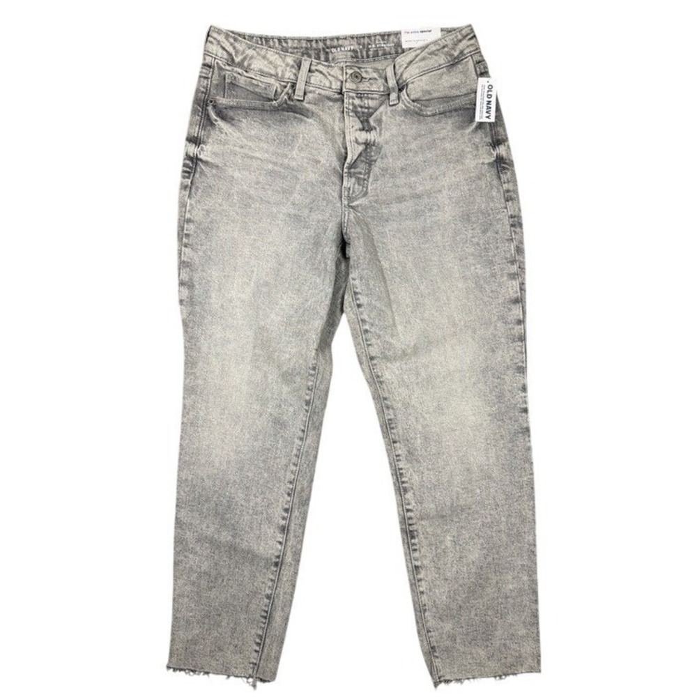 Old Navy OG Straight High Rise Gray Acid Wash Raw Hem Jeans Womens 8 Button Fly